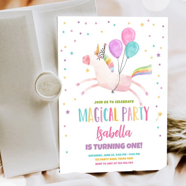Invitation Magique Unicorn Party Rainbow Girl Premier anniver (Créateur téléchargé)