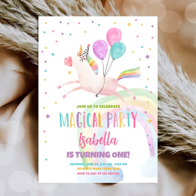 Invitation Magique Unicorn Party Rainbow Girl Premier anniver (Créateur téléchargé)