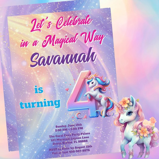 Invitation Magique Unicorn Pastel 4ème anniversaire (Magical Unicorn Birthday Party Invitation)
