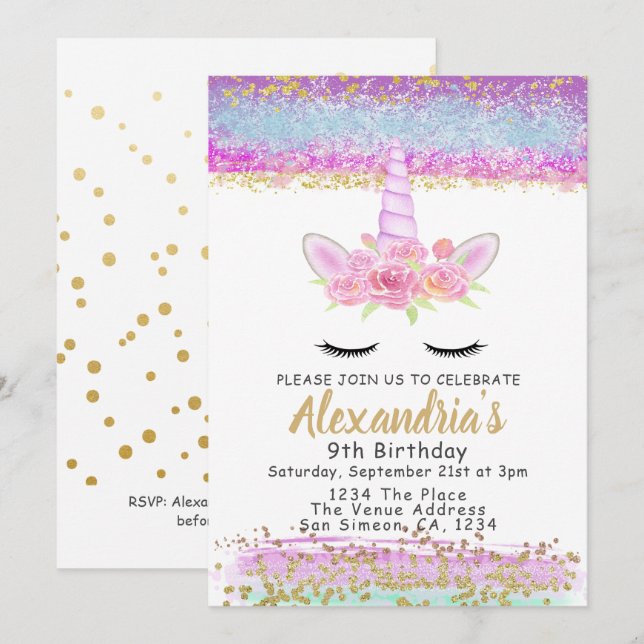 Invitation Magique Unicorne Personnalisée Anniversaire (Devant / Derrière)