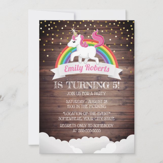 Invitation Magique Unicorne & Rainbow Gold Confetti Anniversa (Devant)