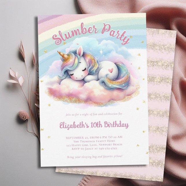 Invitation Magique Unicorne Stwood Pajama Party Fille Anniver (magical unicorn child girls slumber pajama pj sleepover party invitation teal pink purple gold)