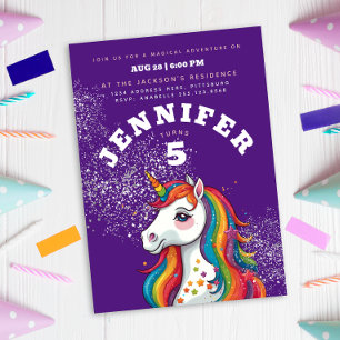 Invitation Magique Unicorne violet Parties scintillant Rainbo