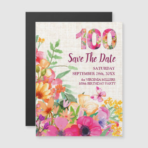 Invitation Magnétique 100 lin floral 100e anniversaire Enregistrer la da