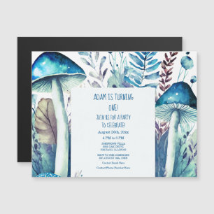 Invitation Magnétique 1er Anniversaire Bleu Blanc Champignons Bois Party