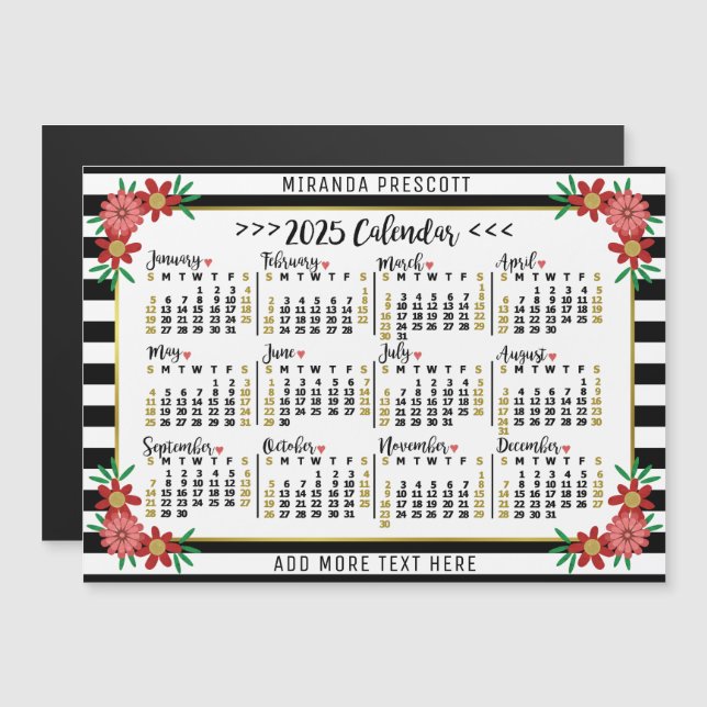 Invitation Magnétique 2025 Calendrier Préppy Floral Stripes Nom personna (Devant / Derrière)