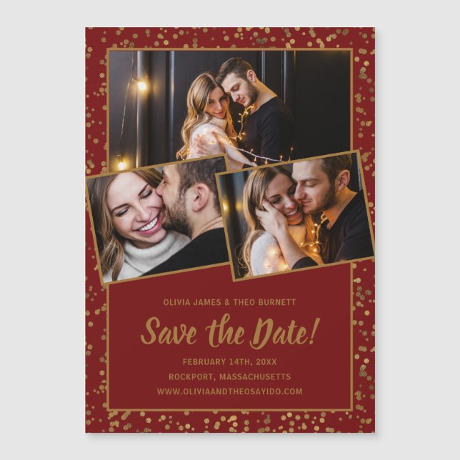 Invitation Magnétique 3 Photo Burgundy Red Gold Enregistrer La Date (Devant)
