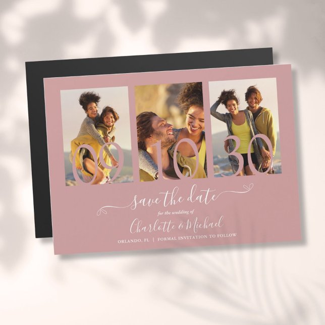 Invitation Magnétique 3 Photo Collage Dusty Rose Mariage Enregistrer La  (3 Photo Collage Dusty Rose Wedding Save The Date Magnetic Invitation)