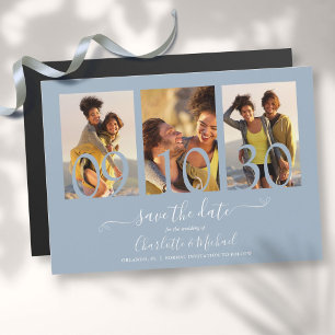 Invitation Magnétique 3 Photo Collage Mariage à Sauvegarder La Date Bleu