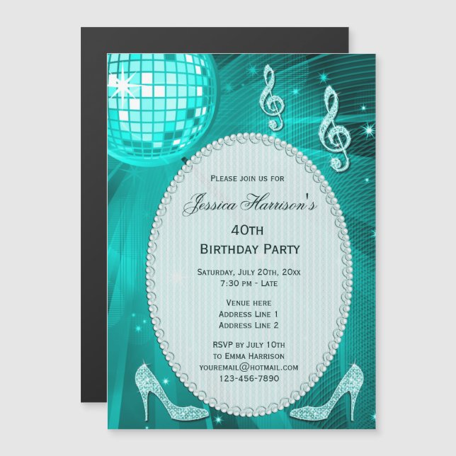 Invitation Magnétique 40e anniversaire Sparkle Heels et Turquoise Disco  (Devant / Derrière)