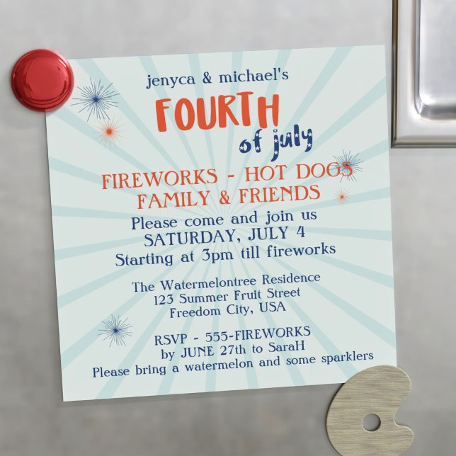Invitation Magnétique 4 juillet Red White et Blue Fireworks Party (Créateur téléchargé)