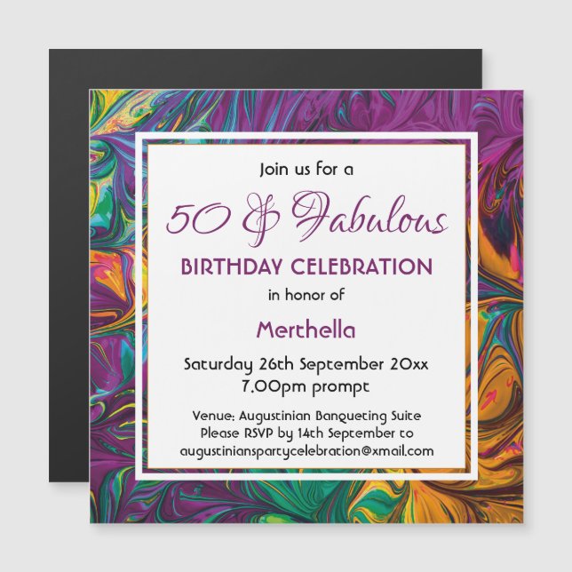 Invitation Magnétique 50 & Fabuleux Abstrait PURPLE personnalisé Anniver (Devant / Derrière)