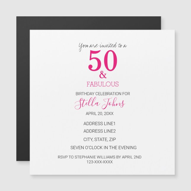 Invitation Magnétique 50 & Fabuleux Anniversaire rose Fuchsia Blanc (Devant / Derrière)