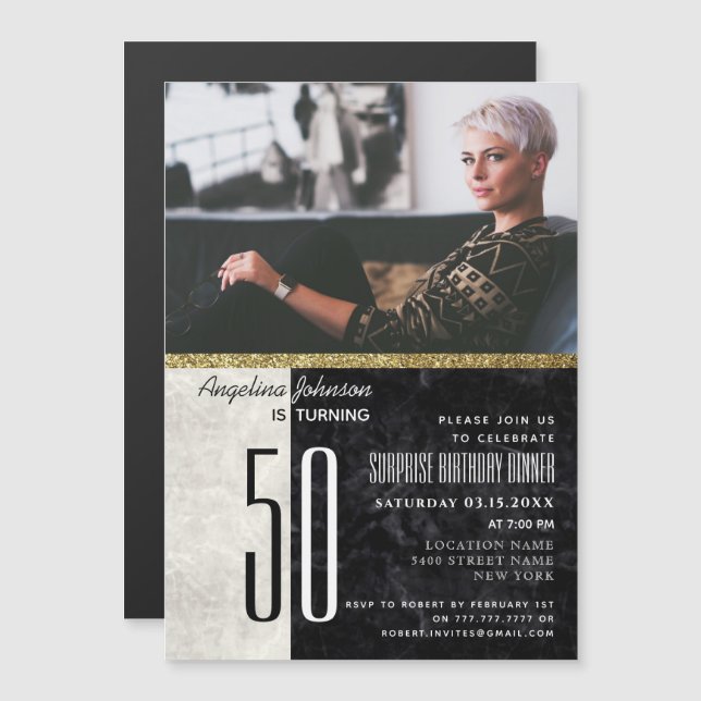 Invitation Magnétique 50e anniversaire, photo noir et Marbre blanc (Devant / Derrière)