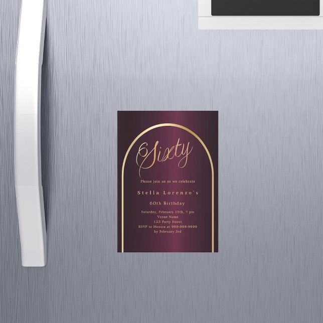 Invitation Magnétique 60e anniversaire burgundy or arch script luxe (Créateur téléchargé)