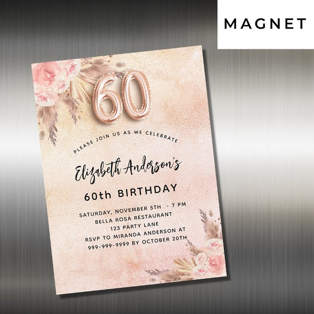 Invitation Magnétique 60e anniversaire pampas herbe fleurons roses luxe (Créateur téléchargé)