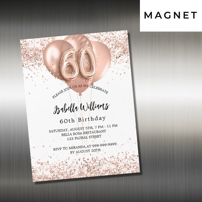 Invitation Magnétique 60e anniversaire rose ballons d'or blanc luxe (Créateur téléchargé)