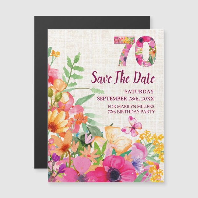 Invitation Magnétique 70 ans lin floral 70e anniversaire Enregistrer la  (Devant / Derrière)