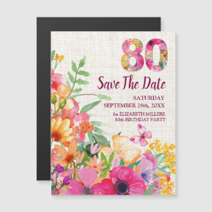 Invitation Magnétique 80 ans lin floral 80e anniversaire Enregistrer la 