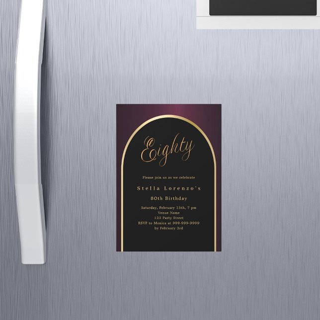 Invitation Magnétique 80e anniversaire noir bordeaux or arc luxe (Créateur téléchargé)