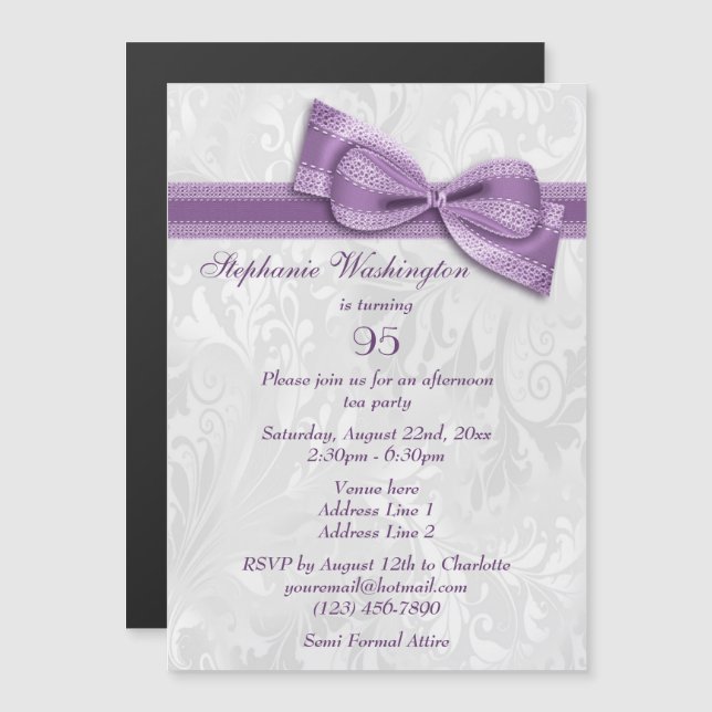 Invitation Magnétique 95e anniversaire de fête Damask et Faux Bow (Devant / Derrière)