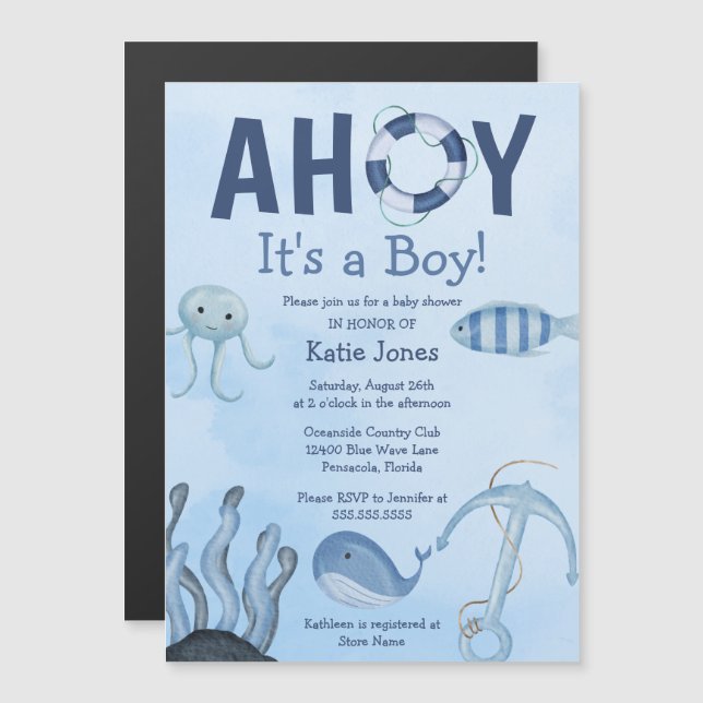 Invitation Magnétique Ahoy C'est un garçon Baby shower côtier d'animaux  (Devant / Derrière)