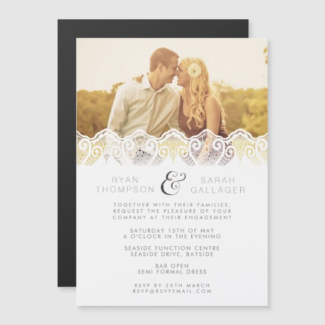 Invitation Magnétique Aimant Mariage Fiançailles Photo Dentelle Blanche (Devant / Derrière)
