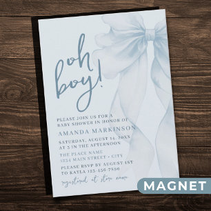 Invitation Magnétique Aimant pour Baby Shower Oh Boy Blue Watercolor Bow