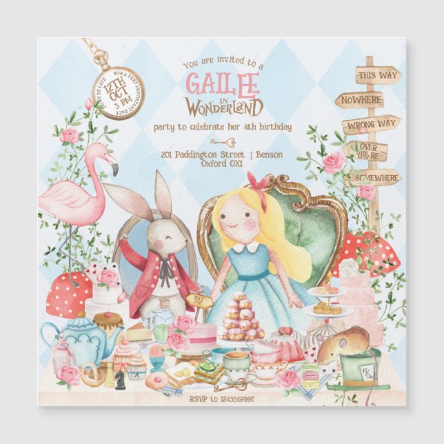Invitation Magnétique Alice Aventures dans Woderland Anniversaire Tea Pa (Devant)