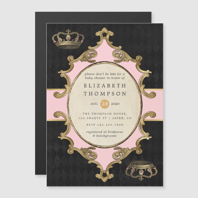 Invitation Magnétique Alice rose et or dans le Baby shower Wonderland (Devant / Derrière)