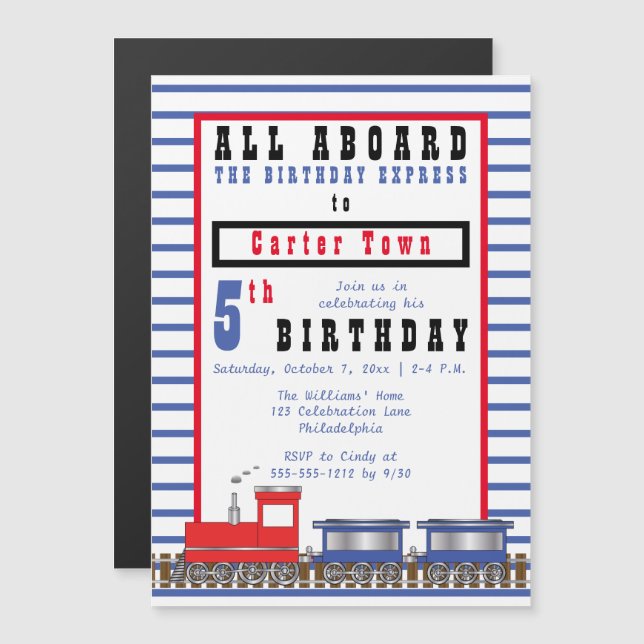 Invitation Magnétique All Aboard 5th Birthday Express Choo Choo Train (Devant / Derrière)