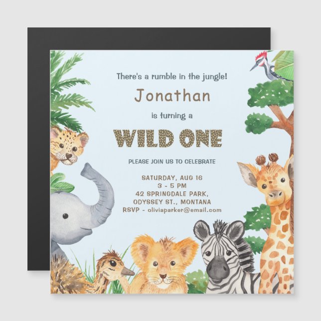 Invitation Magnétique Animal Safari Wild One Camping Anniversaire Fête (Devant / Derrière)