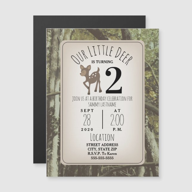 Invitation Magnétique Anniversaire des cerfs de Camouflage (Devant / Derrière)