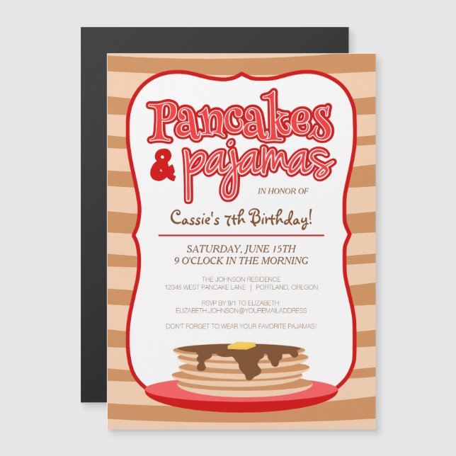 Invitation Magnétique Anniversaire des Pancakes rouges et des pyjamas (Devant / Derrière)
