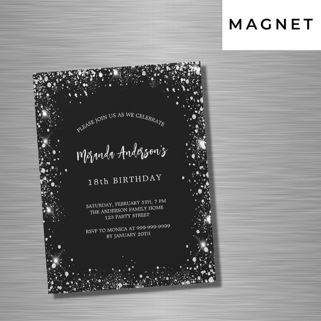 Invitation Magnétique Anniversaire noir argent parties scintillant luxe (Créateur téléchargé)