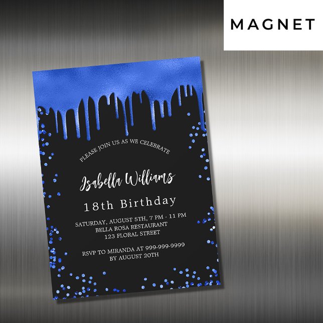 Invitation Magnétique Anniversaire noir bleu royal gouttes de luxe (Créateur téléchargé)