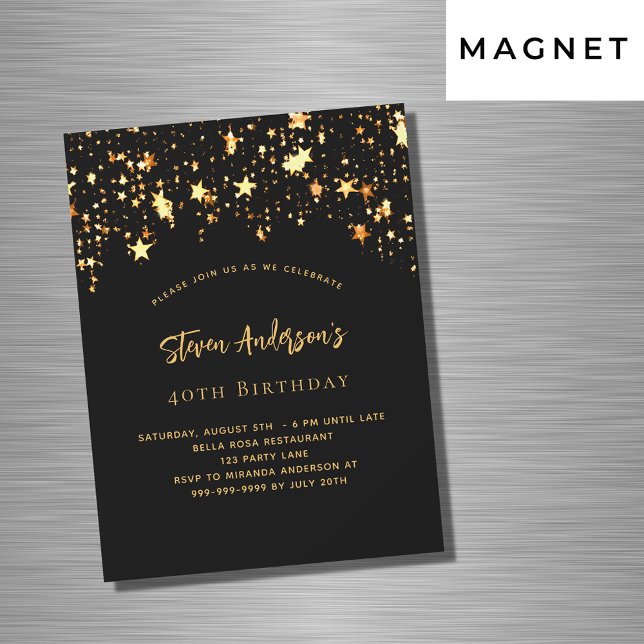 Invitation Magnétique Anniversaire noir étoiles d'or soirée élégante (Créateur téléchargé)