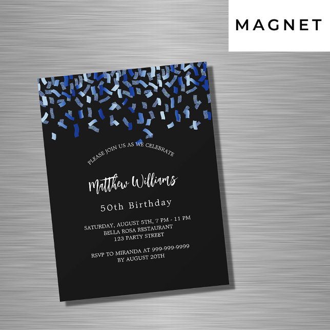 Invitation Magnétique Anniversaire noir marine bleu confetti luxe (Créateur téléchargé)