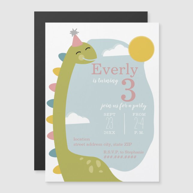 Invitation Magnétique Anniversaire rose de Brontosaurus Dinosaur (Devant / Derrière)