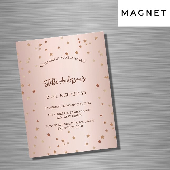 Invitation Magnétique Anniversaire rose or étoiles simple luxe (Créateur téléchargé)