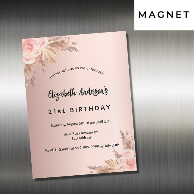 Invitation Magnétique Anniversaire rose or pampas herbe fleurie luxe (Créateur téléchargé)
