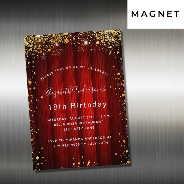 Invitation Magnétique Anniversaire rouge or scintille cinéma de luxe cin (Créateur téléchargé)