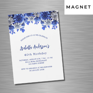 Invitation Magnétique Anniversaire royal bleu fleurs blanches luxe