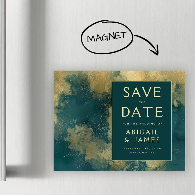 Invitation Magnétique Aquarelle Abstraite or Turquoise Enregistrer la da (Créateur téléchargé)