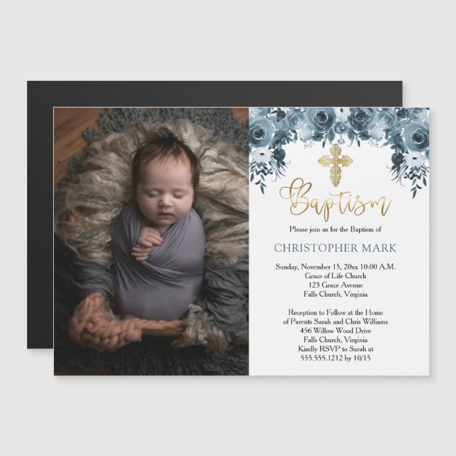 Invitation Magnétique Aquarelle bleu Floral Faux Gold Boy Photo Baptême (Devant / Derrière)