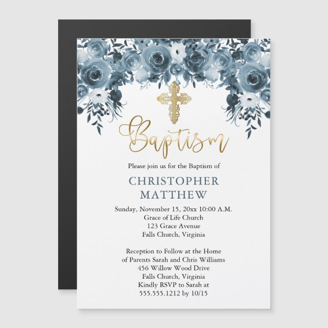Invitation Magnétique Aquarelle bleue Floral | Faux Gold Boy Baptism (Devant / Derrière)