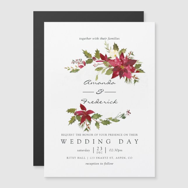 Invitation Magnétique Aquarelle Bourgogne Floral Mariage de Noël (Devant / Derrière)
