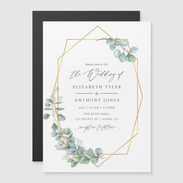 Invitation Magnétique Aquarelle Eucalyptus Mariage géométrique (Devant / Derrière)
