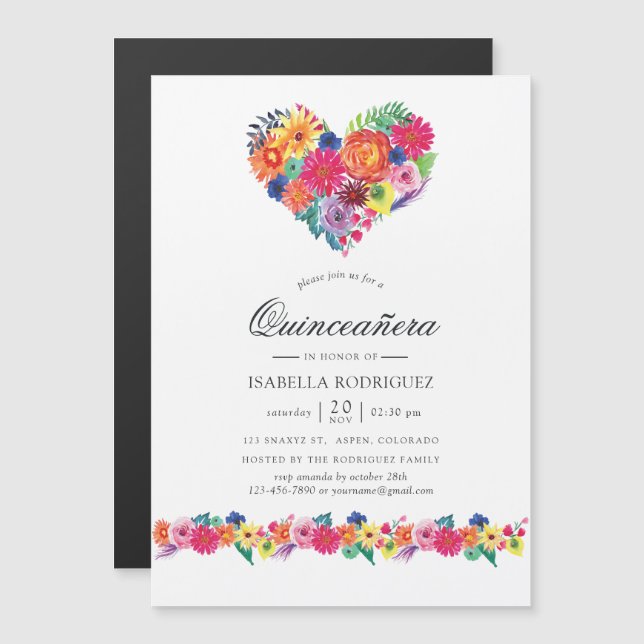 Invitation Magnétique Aquarelle Fiesta Quinceañera (Devant / Derrière)