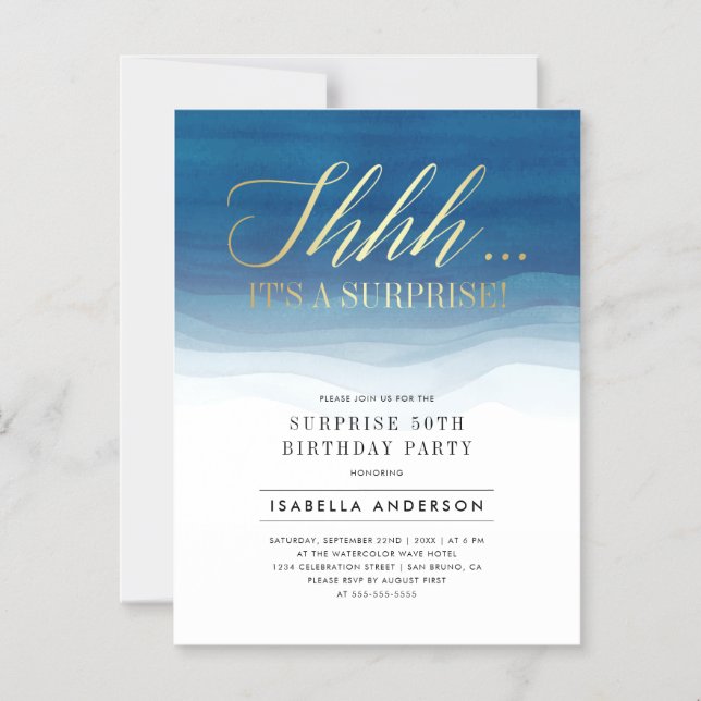 Invitation Magnétique Aquarelle or et bleu Surprise Anniversaire (Recto)
